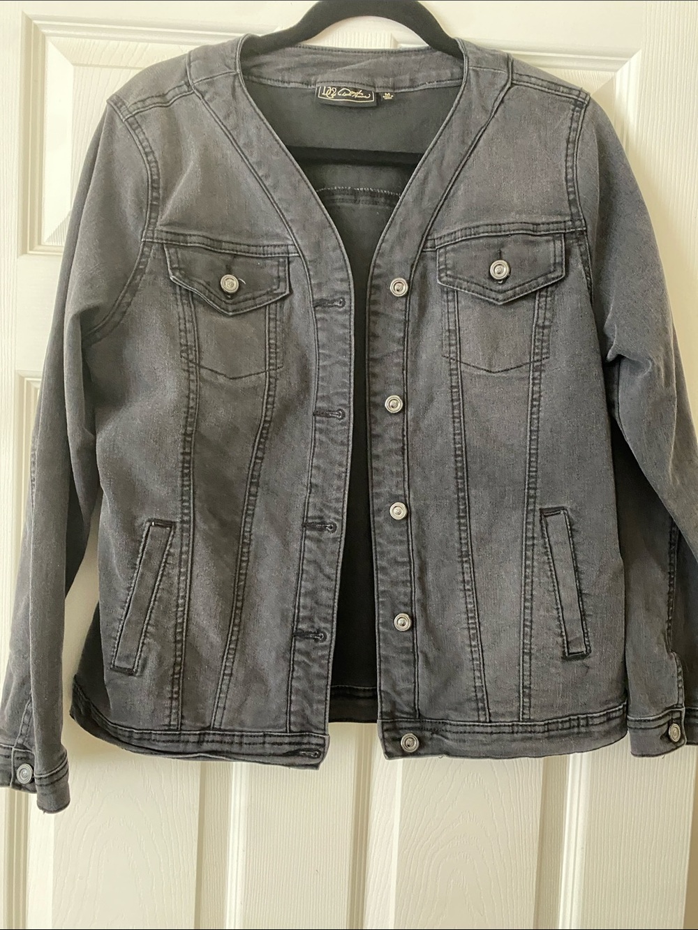 DG2 by Diane Gilman Washed Gray Collarless Denim Jacket